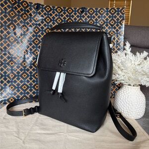 New✨tory burch Thea With Gold Hardware Pebbled Leather Backpack (black)
